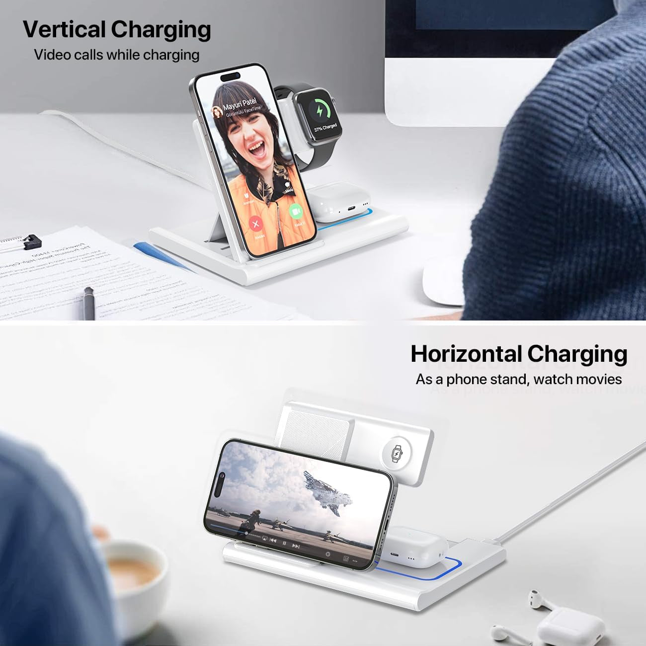 3 in 1 Fast Charging Station, Folding Travel Wireless Charger Stand for Iphone 15,14,13,12,11/Pro/Max/Plus,X,Xr,Xs/Max,Se,8/Plus,Apple Watch 1-8,Airpods 3/2/Pro(No Adaptor，White)