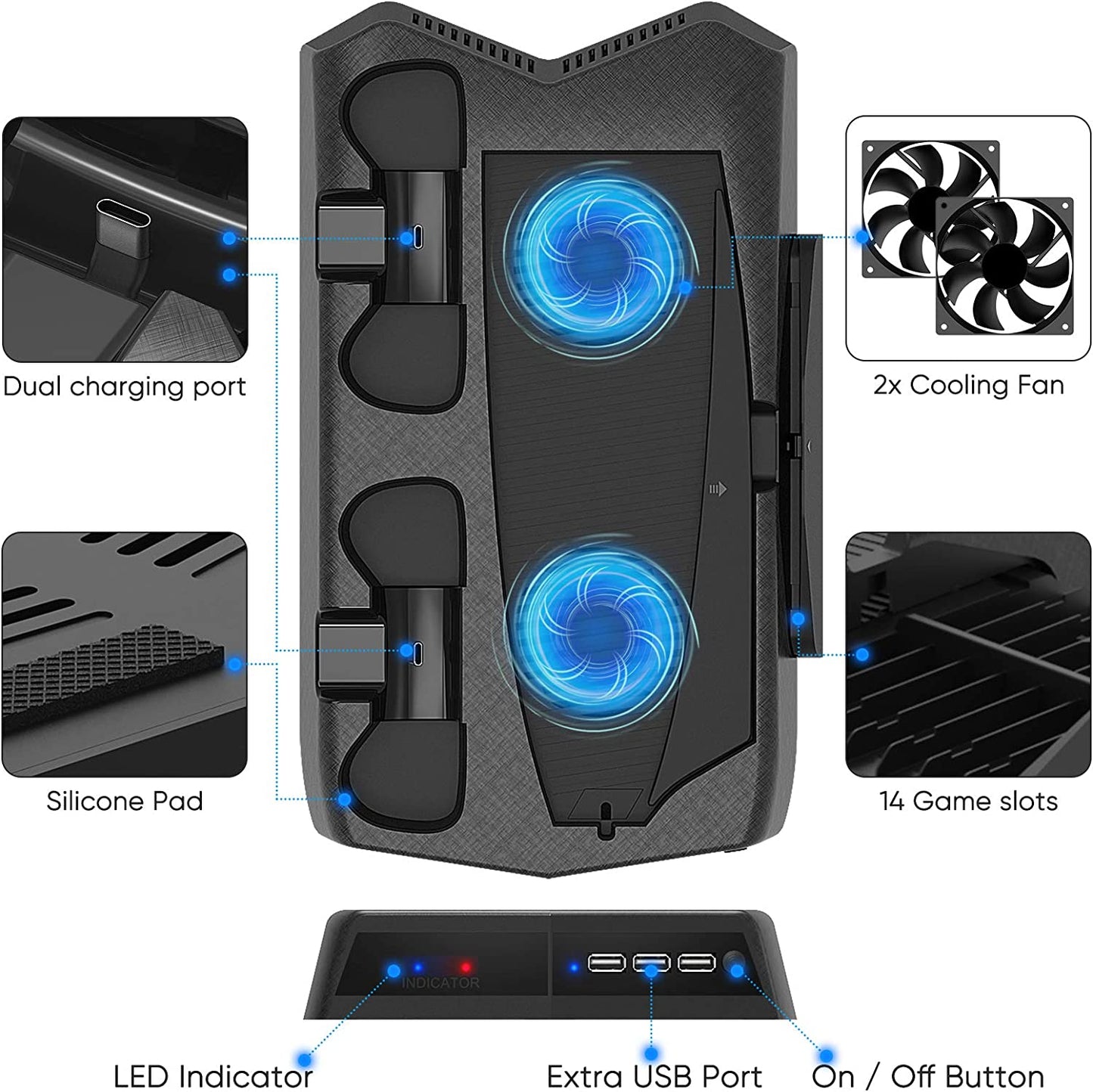 Vertical Stand for PS5 Digital Edition/Ultra HD with Dual Controller Charging Station & Suction Cooling Fan & 14 Retractable Game Slots, for PS5 Gaming Accessories for PS5 Console