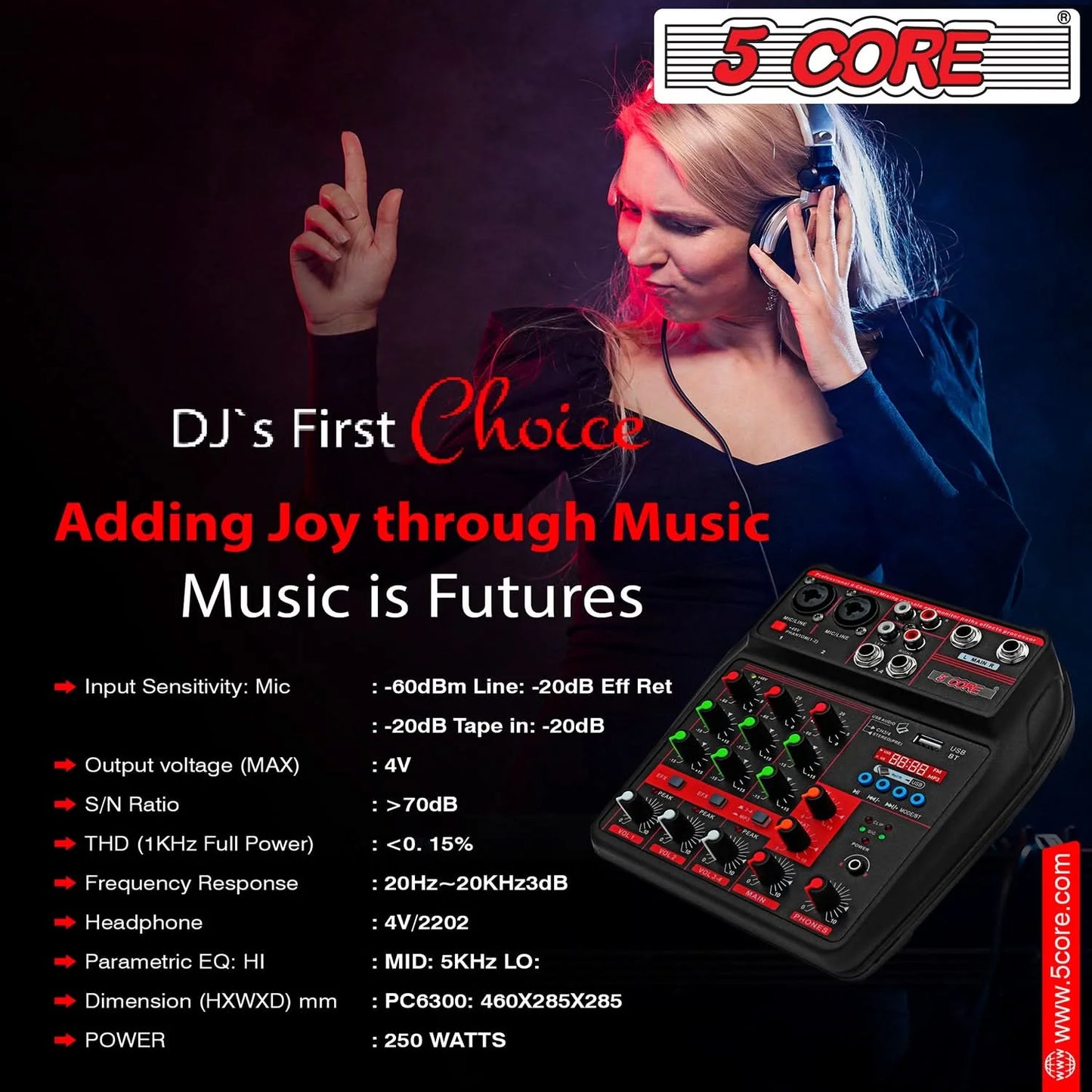 5 Core Audio Mixer 4 Channel DJ Equipment with Bluetooth USB Sound Board Console