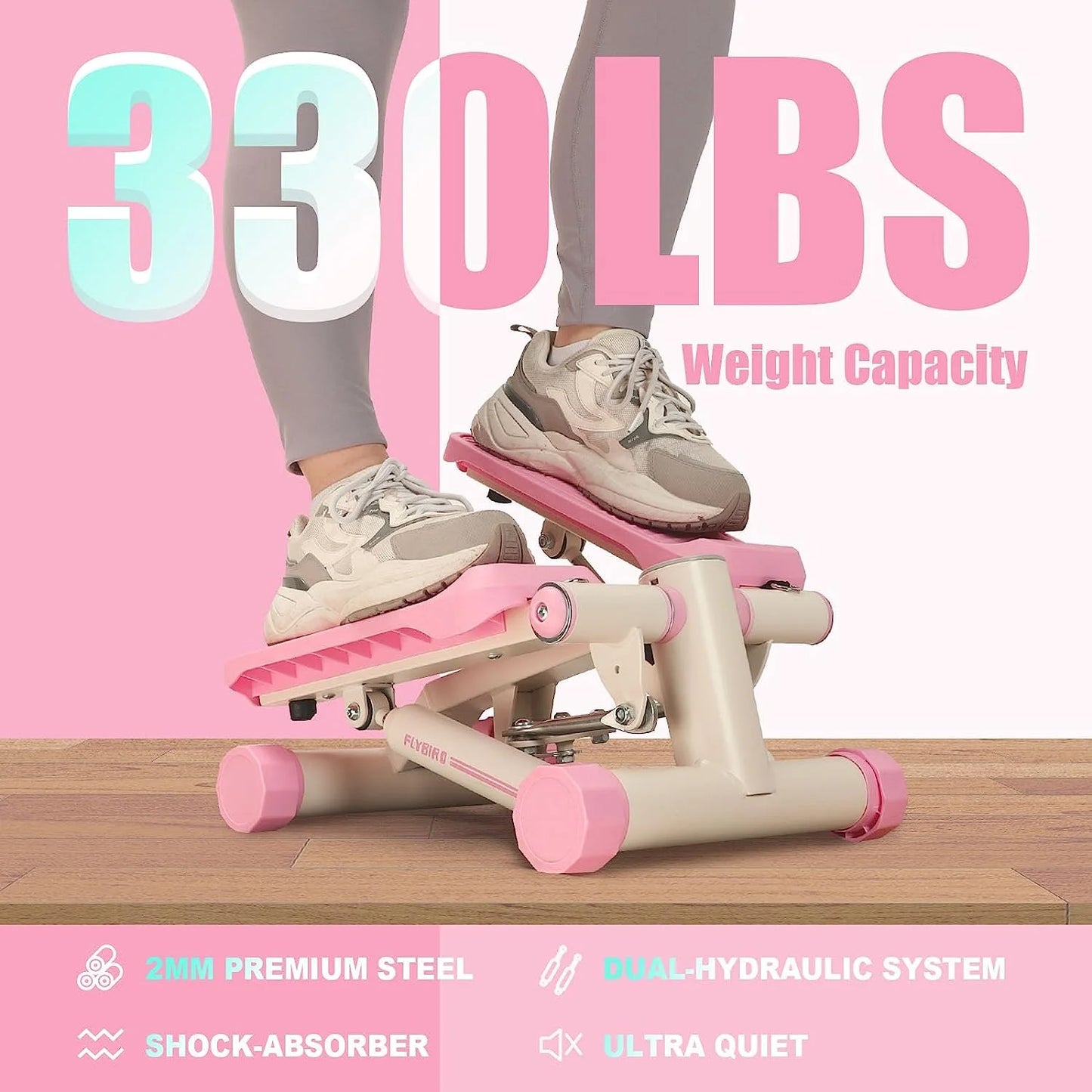 Portable Stepper with Resistance Bands, 330 Lb Capacity, Pink, Exercise Machine for Home Gym