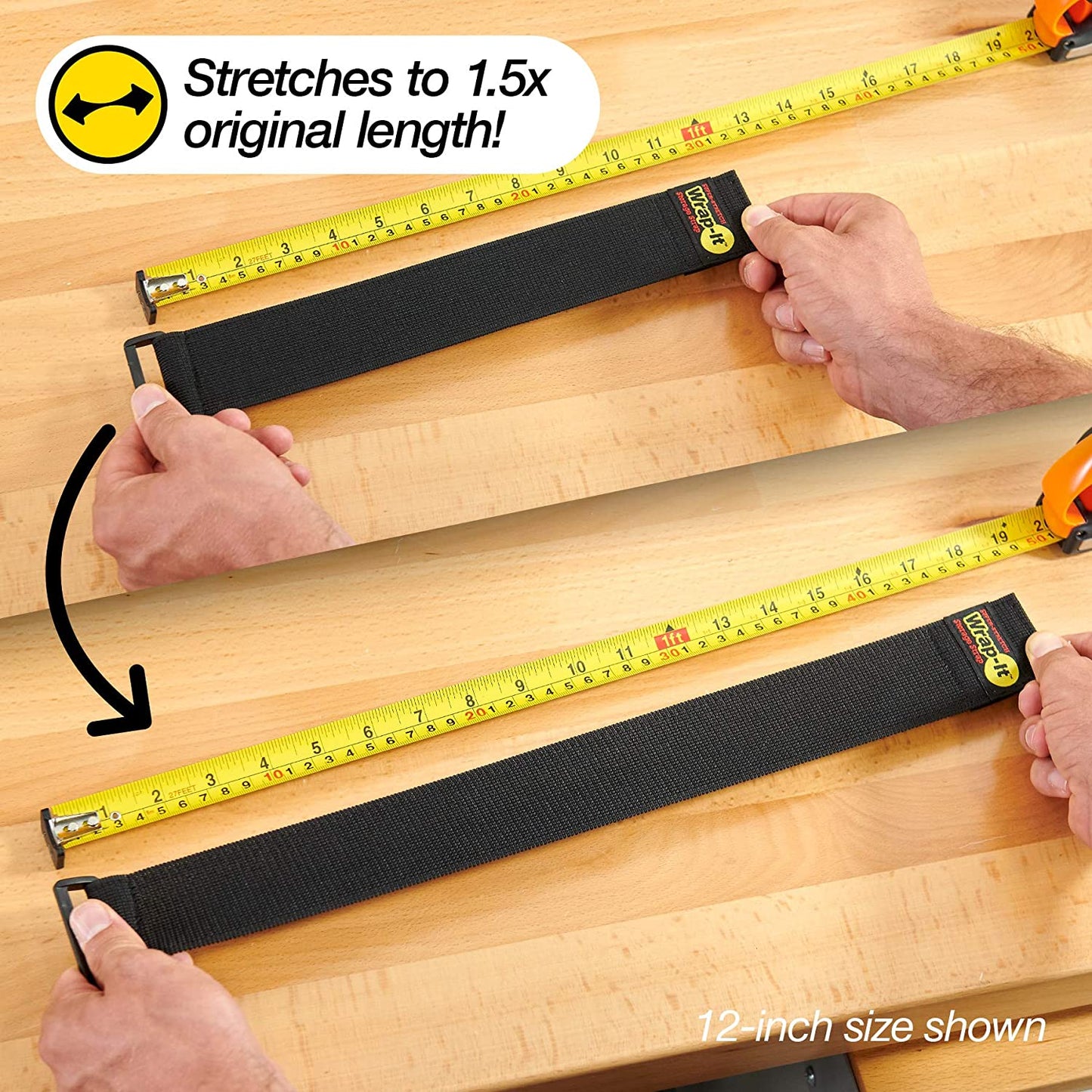 Super-Stretch  Straps - 12" (8 Pack) - Elastic Hook and Loop Cinch Straps