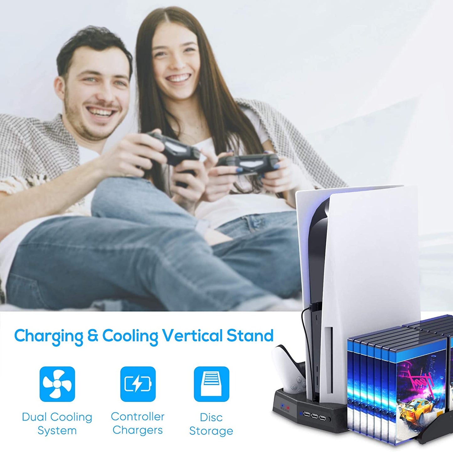 Vertical Stand for PS5 Digital Edition/Ultra HD with Dual Controller Charging Station & Suction Cooling Fan & 14 Retractable Game Slots, for PS5 Gaming Accessories for PS5 Console