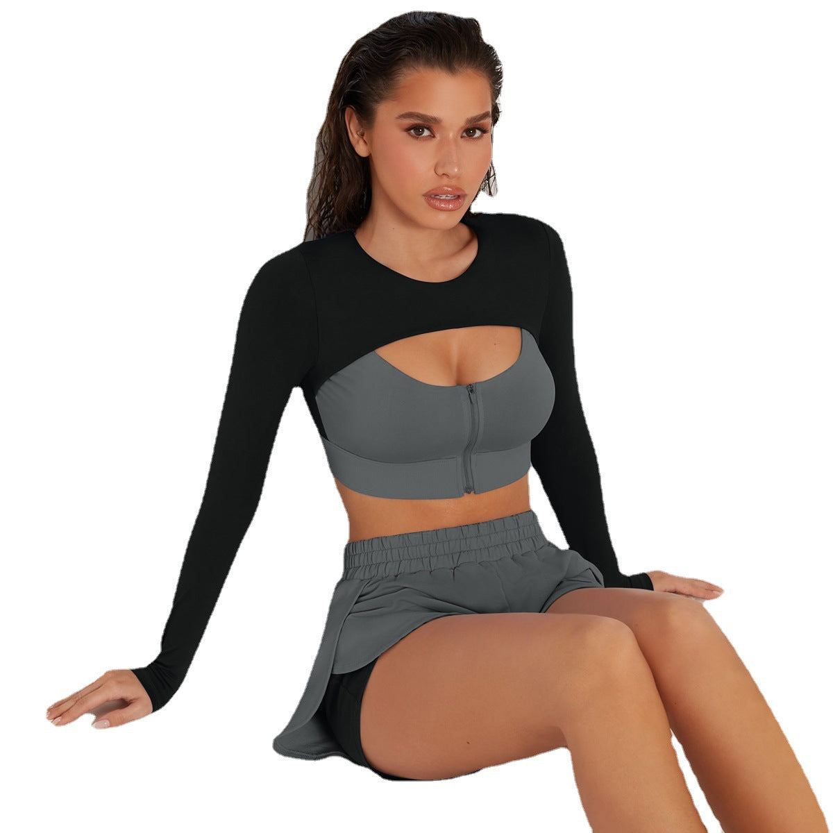 Candy Yoga Clothes Sanded Solid Color Zipper Long Sleeve Shirt Sports And Fitness 2 Piece Suit