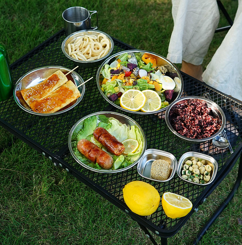 Outdoor Stainless Steel Dinner Plate 17 Pcs Camping Barbecue Tableware Portable Self Driving Barbecue Plate Soup Pot Bowl Set