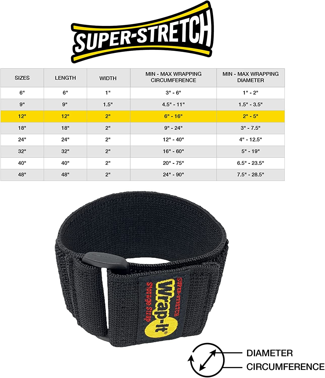 Super-Stretch  Straps - 12" (8 Pack) - Elastic Hook and Loop Cinch Straps