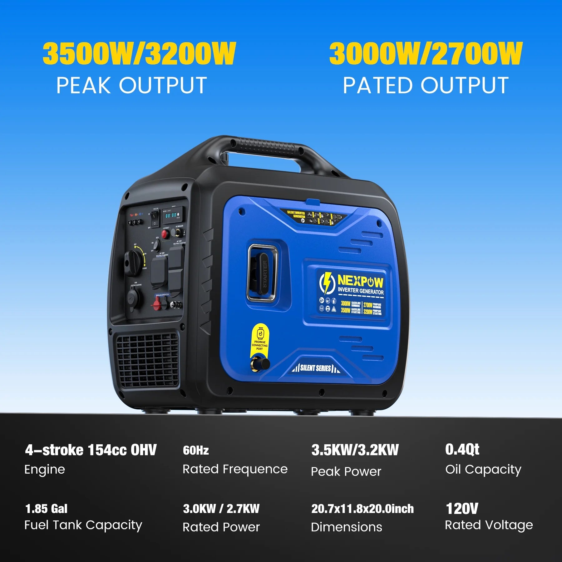 Portable Inverter Generator, 3500W Super Quiet Generator ,Eco-Mode Feature, Parallel Capability,Epa Compliant,Dual Fuel Propane and Gasoline,Lightweight for Backup Home & Camping