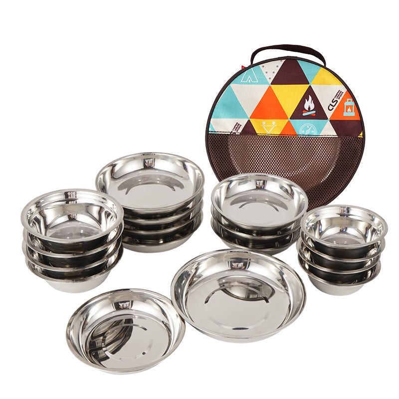 Outdoor Stainless Steel Dinner Plate 17 Pcs Camping Barbecue Tableware Portable Self Driving Barbecue Plate Soup Pot Bowl Set