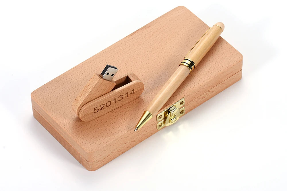 JASTER  USB Flash Drive  Beech Ballpoint Pen Case+ U stick 2.0 4GB 8GB 16GB 32GB 64GB Pendrive Exquisite Gift (Free Custom Logo)