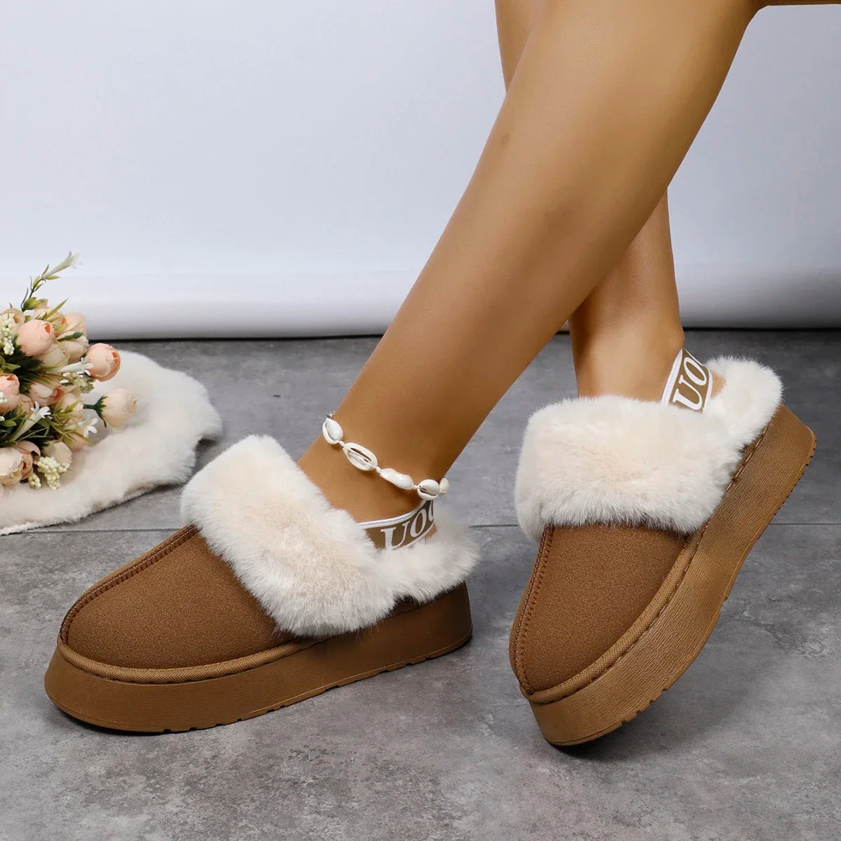 Women's Luxury Warm Cotton Slippers 2024 Autumn Winter Designer Round Toe Shallow Sandals Platform Shoes Slides Botas De Mujer