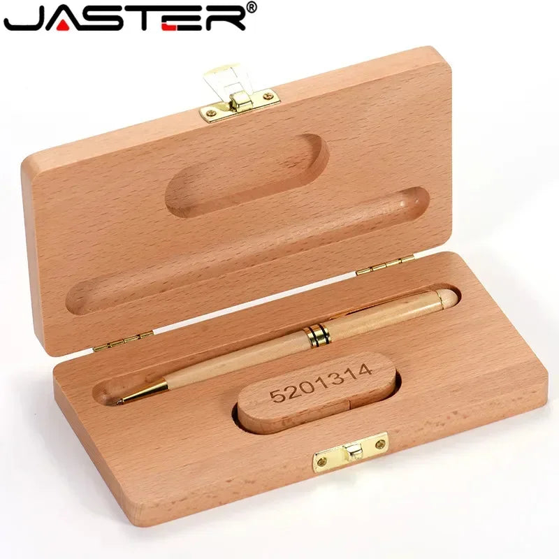 JASTER  USB Flash Drive  Beech Ballpoint Pen Case+ U stick 2.0 4GB 8GB 16GB 32GB 64GB Pendrive Exquisite Gift (Free Custom Logo)