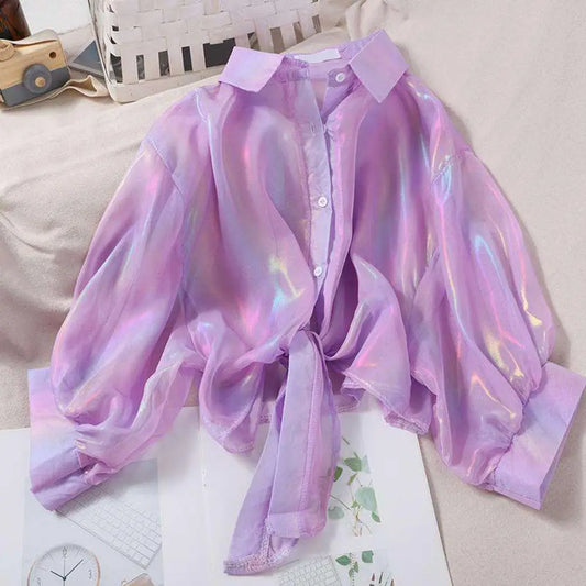 Blouses Women Harajuku Purple Sun-proof Summer Stylish Popular Teens Streetwear All-match Basic Long Sleeve Ins Femme Blusas Top