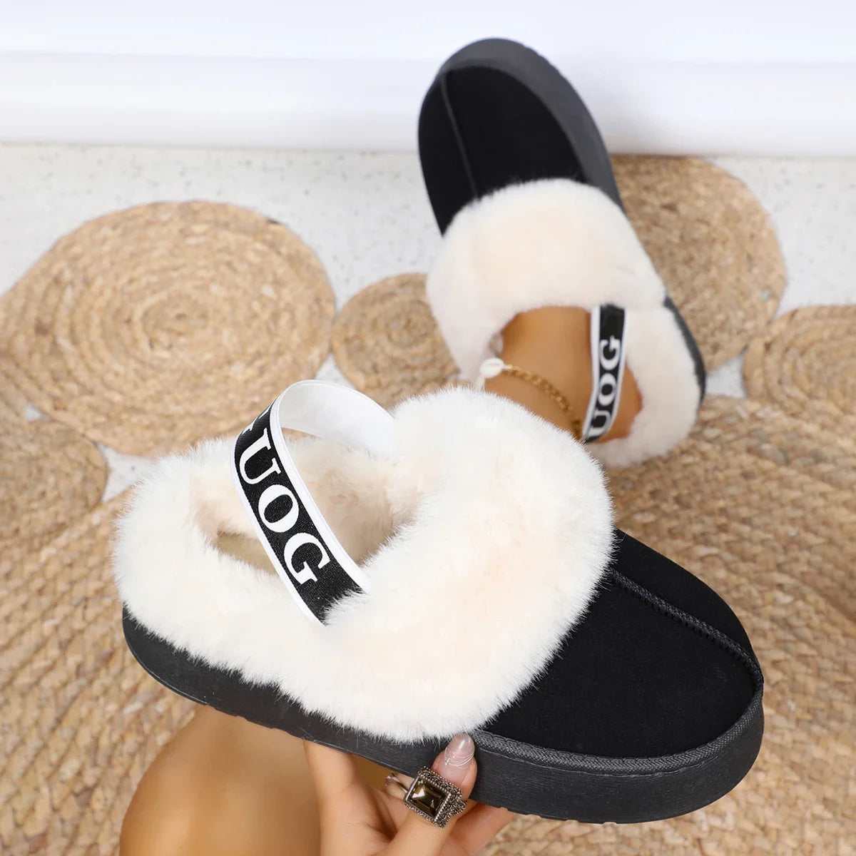 Women's Luxury Warm Cotton Slippers 2024 Autumn Winter Designer Round Toe Shallow Sandals Platform Shoes Slides Botas De Mujer