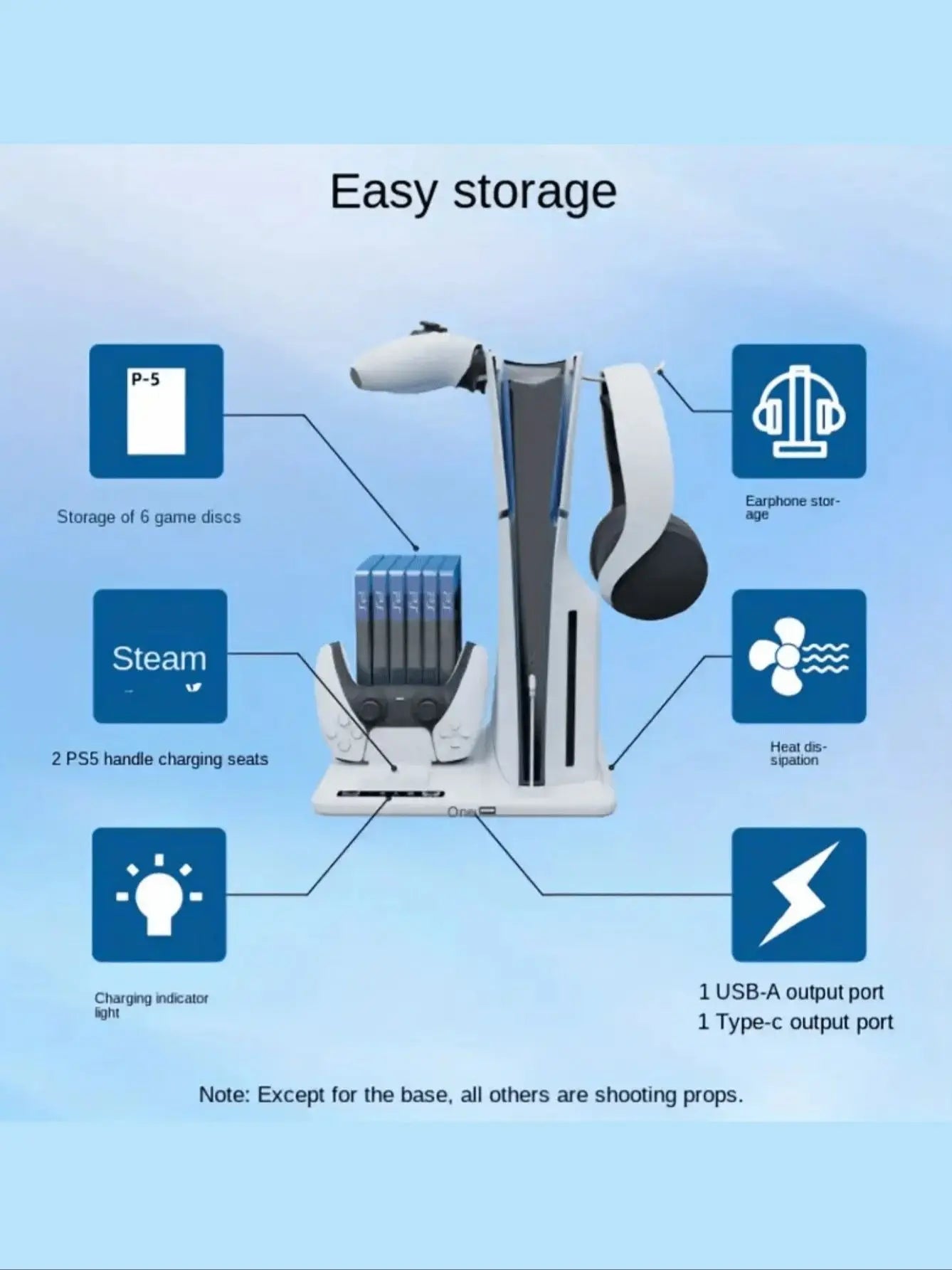 Multi-Function Cooling Base with Disc Storage RackSuitable for PS5Slim Game Console, PS5 Controller,Two-seat Charger with Headse