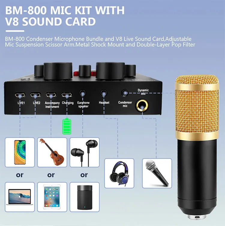 Podcast Equipment Bundle BM-800 Recording Studio Package with Voice Changer Live Sound Card-Audio Interface for Laptop Computer