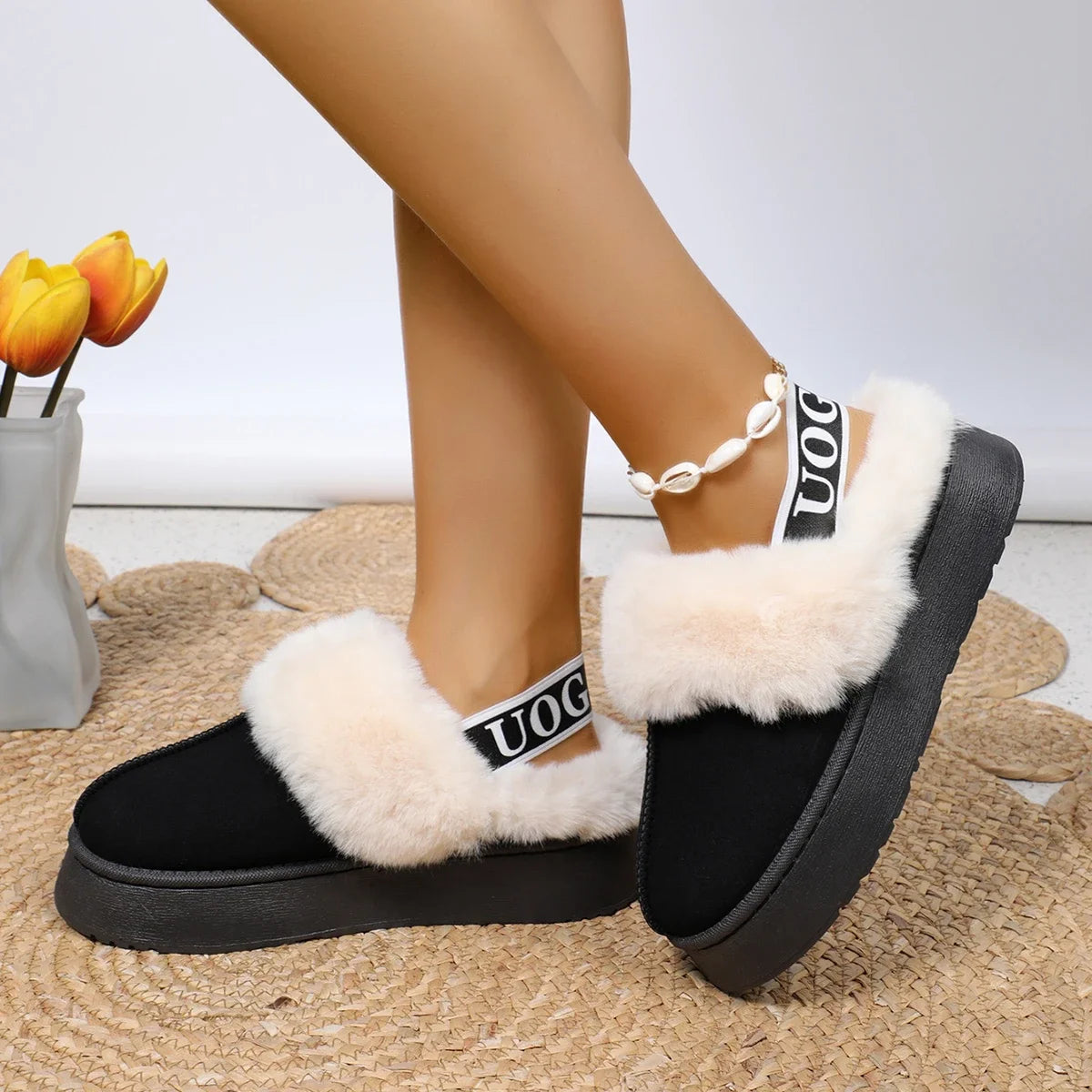 Women's Luxury Warm Cotton Slippers 2024 Autumn Winter Designer Round Toe Shallow Sandals Platform Shoes Slides Botas De Mujer