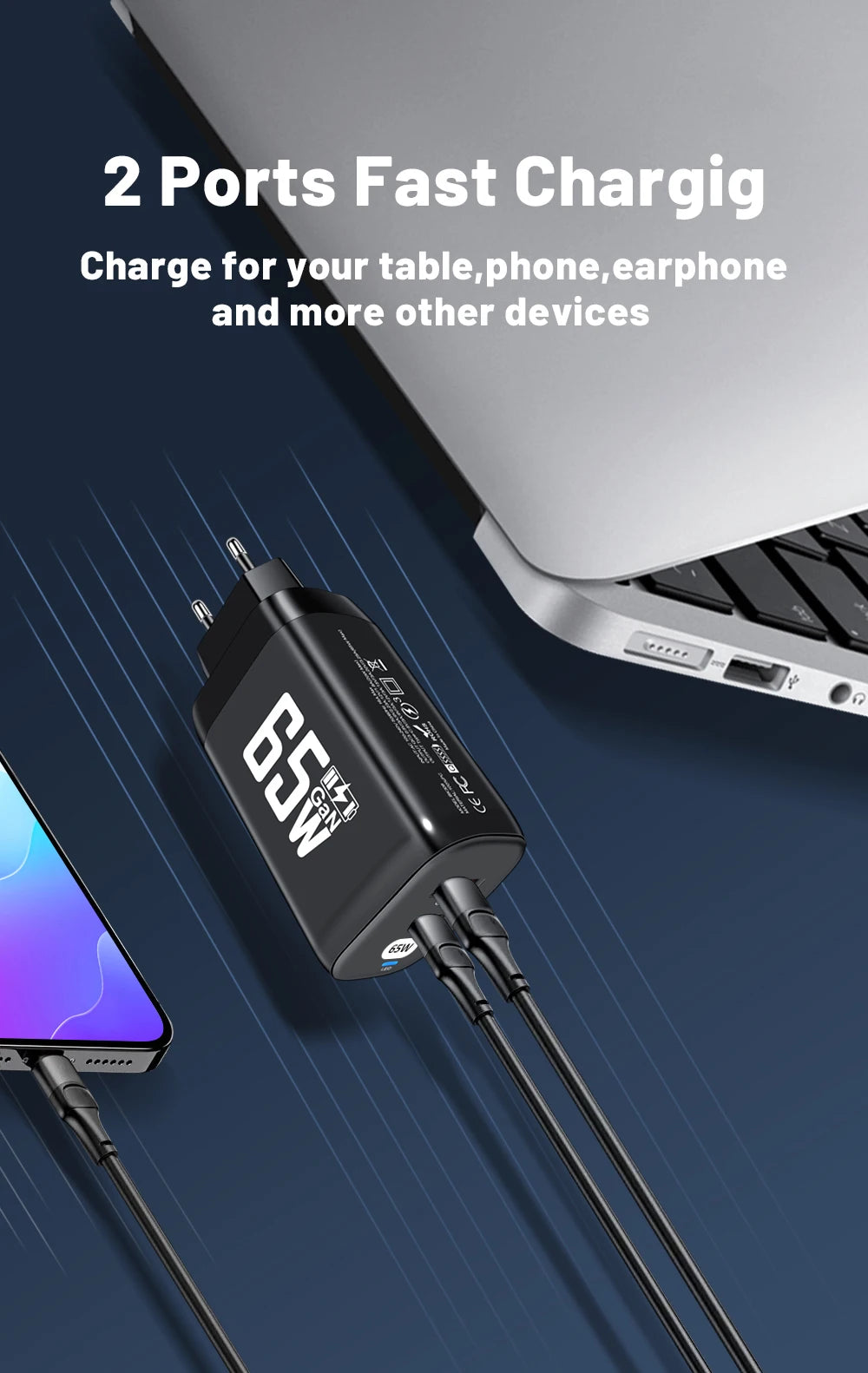 GaN Charger PD 65W for Ipad Laptop USB Type C Super Fast Charging QC3.0 Adapter Notebook PC for Apple Macbook Huawei Matebook 13