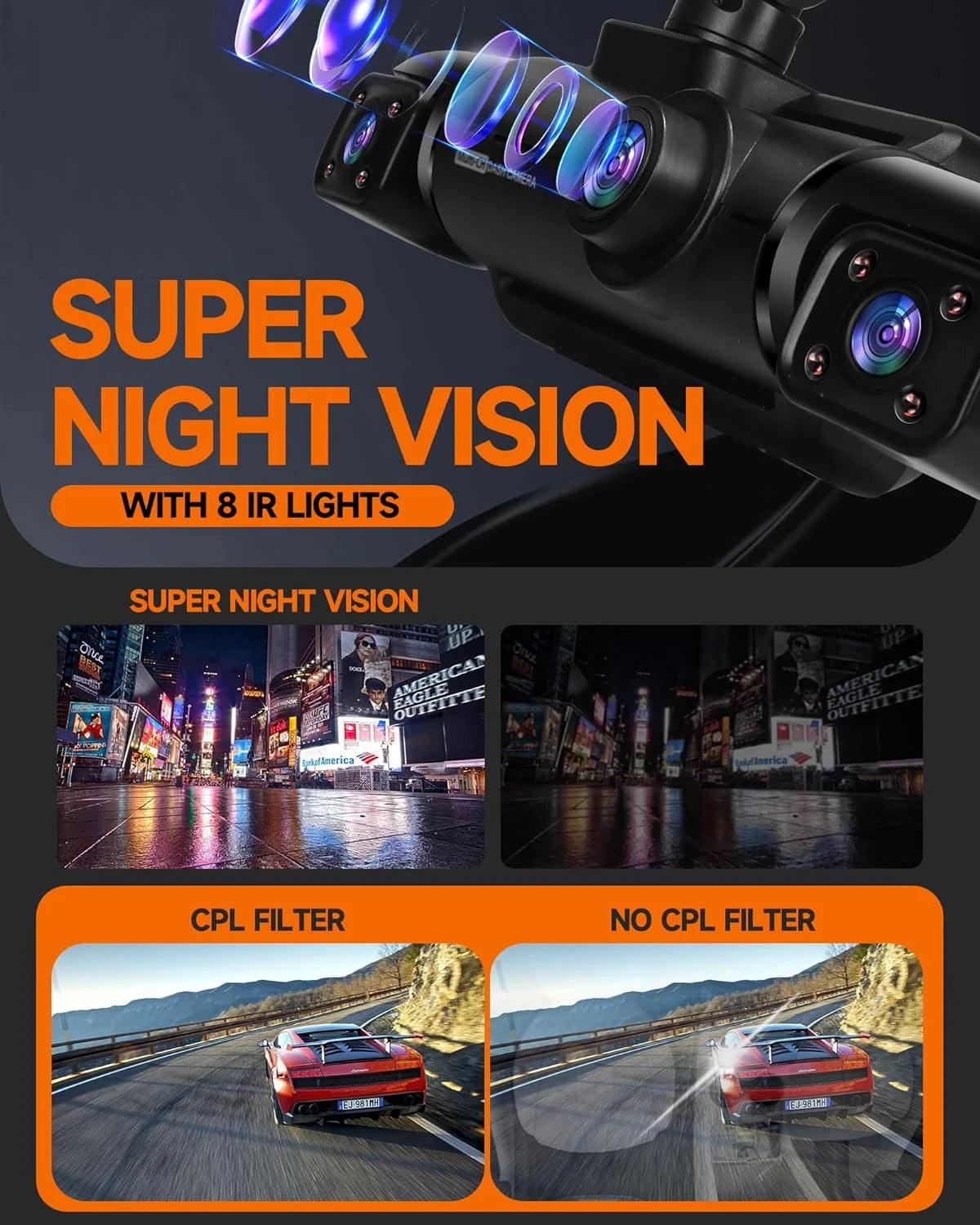 Q9pro 360 Degrees Dash Cam 4 Channel 1080p FHD Car Recorder super Night Vision 3.39” IPS Screen Loop Recording Parking Monitor