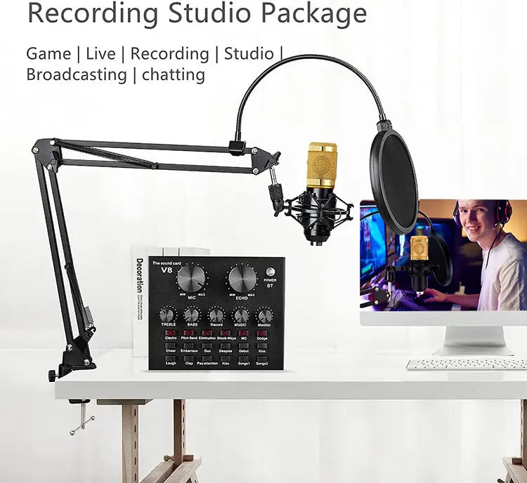 Podcast Equipment Bundle BM-800 Recording Studio Package with Voice Changer Live Sound Card-Audio Interface for Laptop Computer