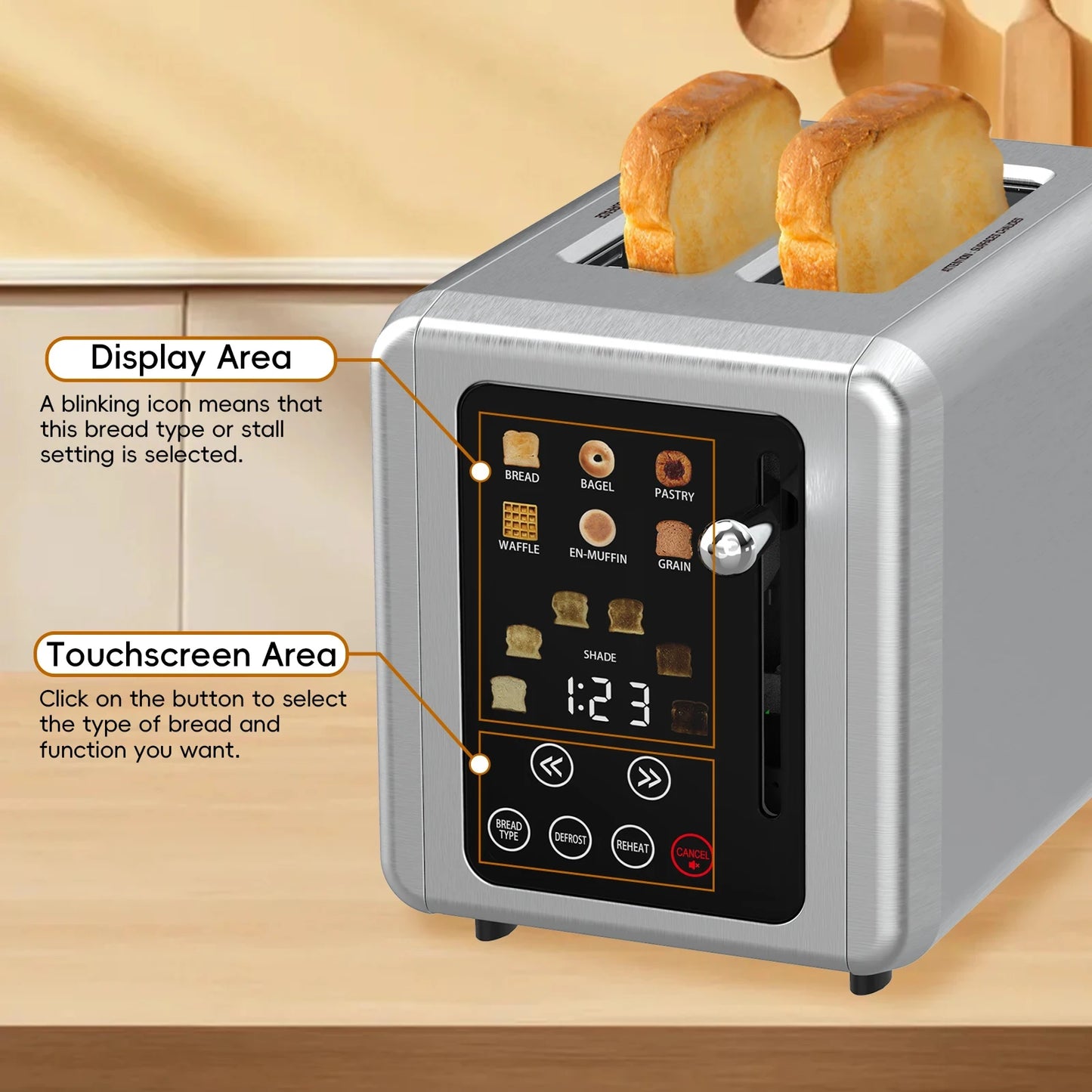 GOOVI EU Stainless Steel Two Slice Toaster Touch Screen Home Automatic Bread Toaster For Breakfast Machine 6 Browning Levels