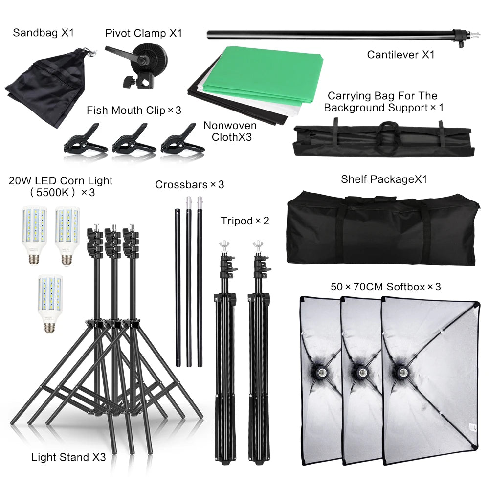 Photography Background Frame Support Softbox Lighting Kit Photo Studio Equipment Accessories With 3Pcs Backdrop And Tripod Stand