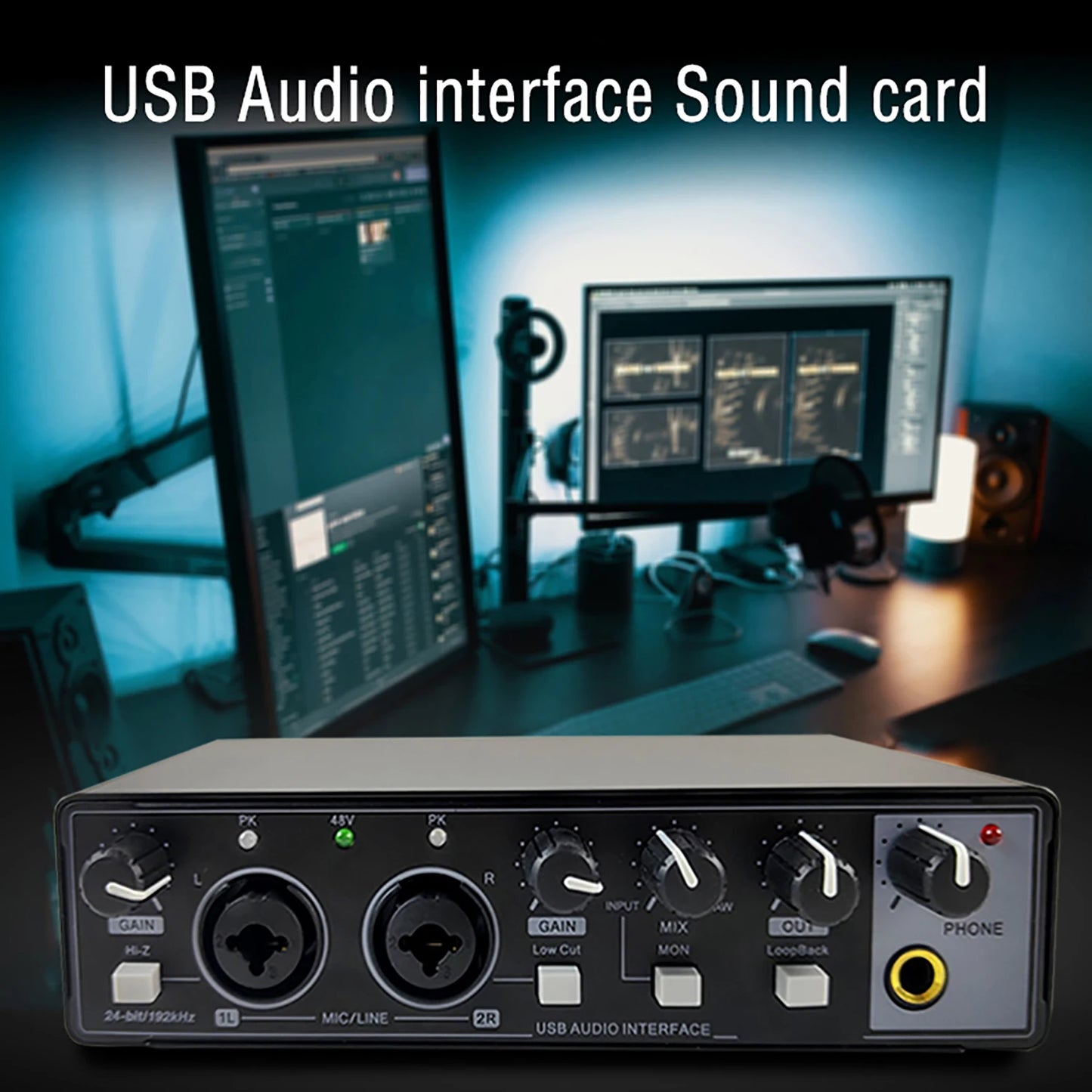 Sound Card Studio Record Professional USB Audio Interface Sound Equipment With Loopback Monitoring 48V Phantom for Recording