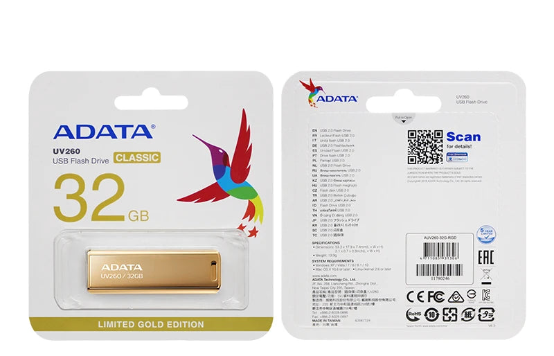 ADATA Gold USB 2.0 Pen Drive UV260 32GB Metal USB Flash Drive for Computer