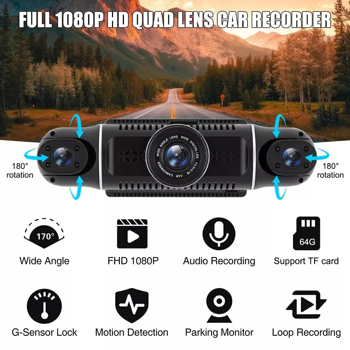 Q9pro 360 Degrees Dash Cam 4 Channel 1080p FHD Car Recorder super Night Vision 3.39” IPS Screen Loop Recording Parking Monitor