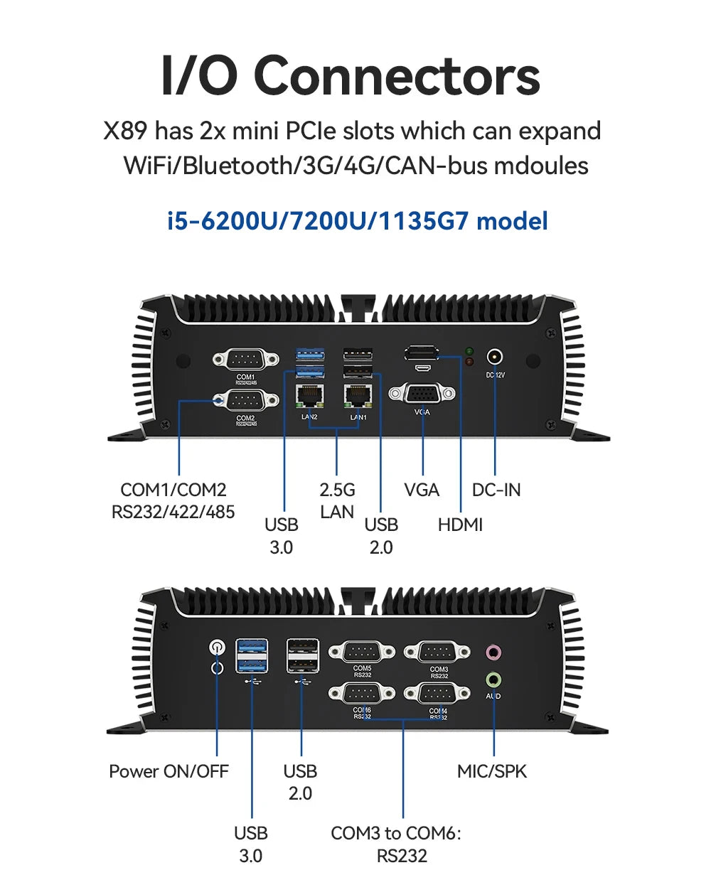 XCY Industrial Fanless Mini PC Intel i5-7200U 6x COM RS232 RS485 2x Mini PCIe Support WiFi 4G LTE CAN-Bus Windows Linux IPC