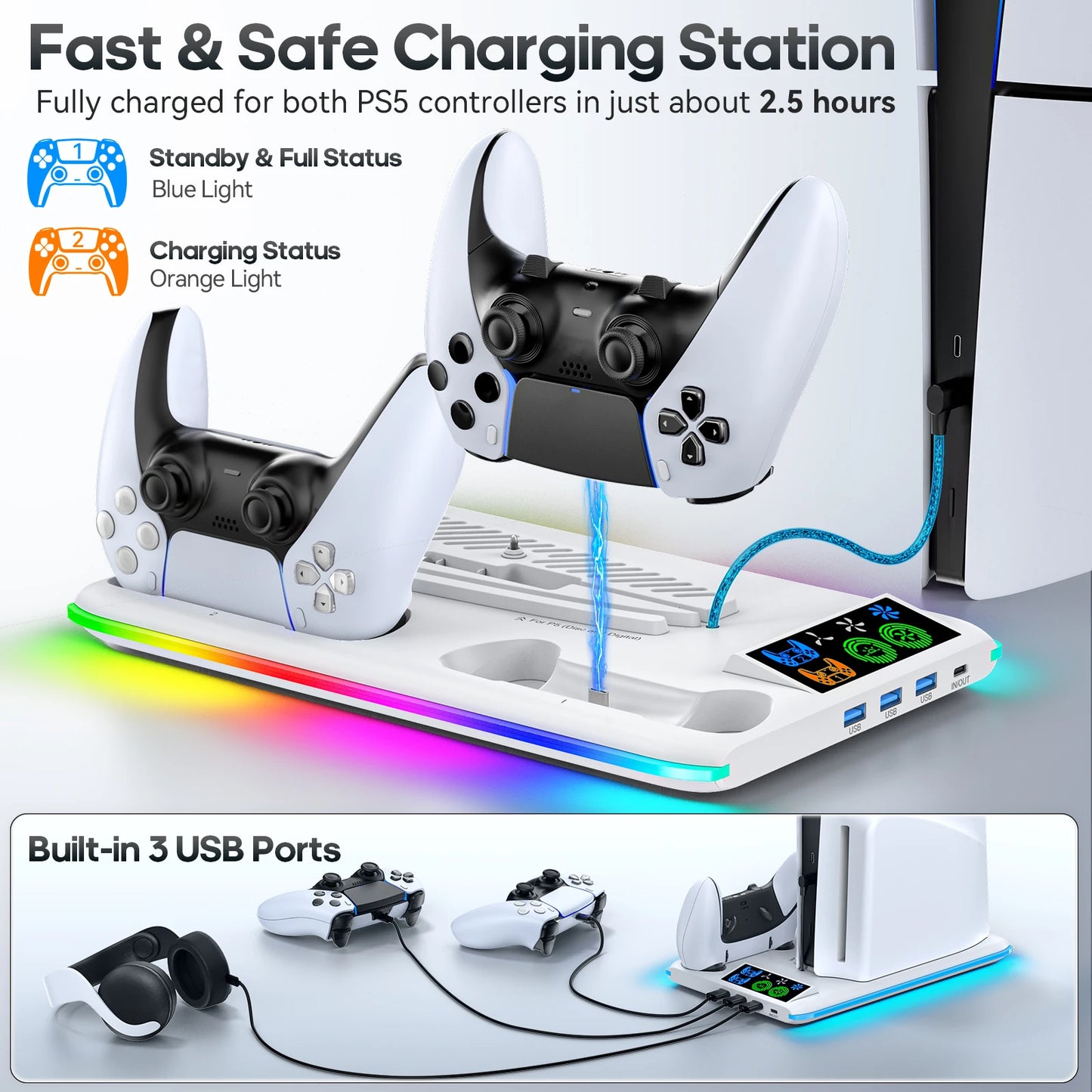 for PS5/PS5 Slim/PS5 Pro Stand with Headphone Hook Cooling Stand & Controller Charging Station for PS5 With 3 Levels Cooling Fan