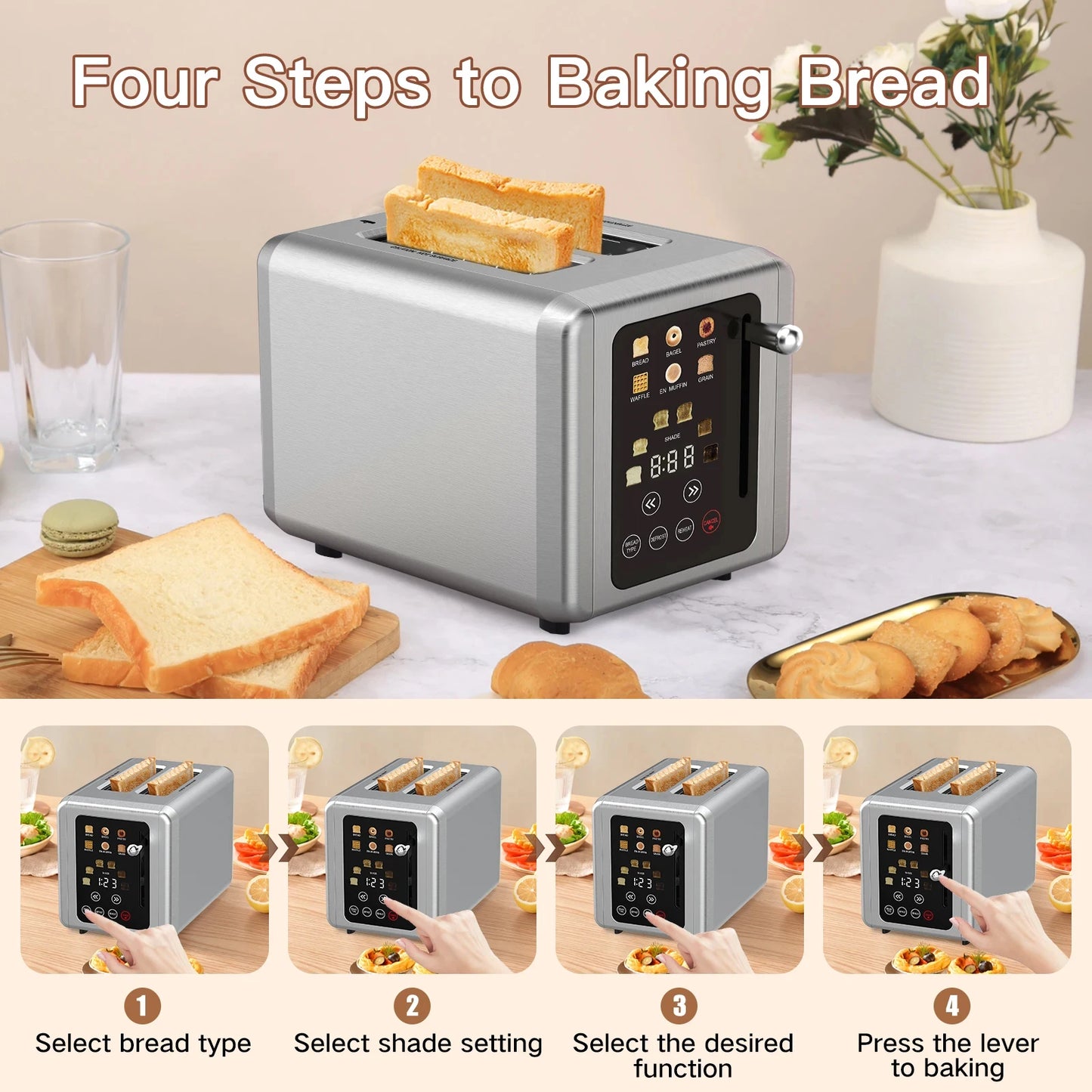 GOOVI EU Stainless Steel Two Slice Toaster Touch Screen Home Automatic Bread Toaster For Breakfast Machine 6 Browning Levels