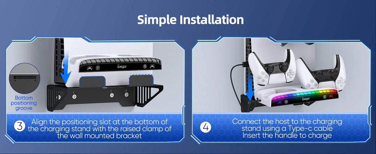 For PS5/PS5 Slim/PS5 Pro Wall Mount Kit Dual Charging Station Compatible With Playstation 5 Controller Headset Holder With Light