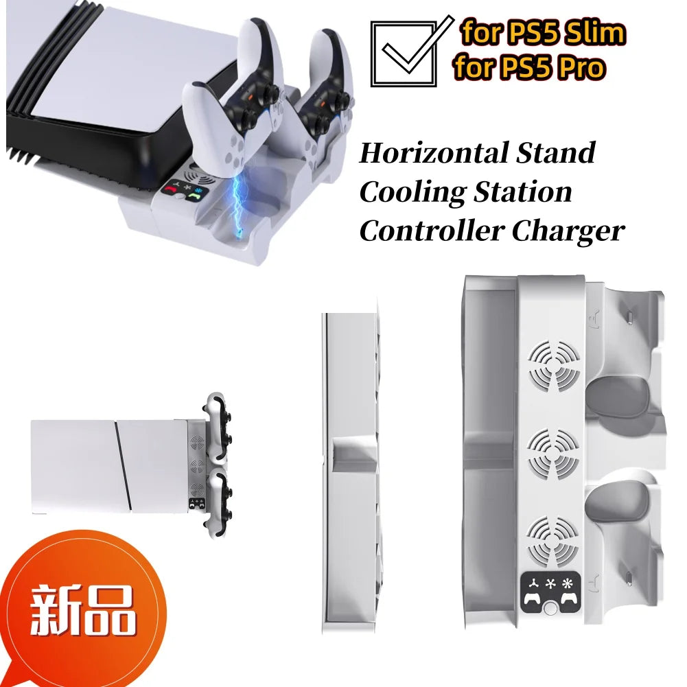 Horizontal Charger Station Cooling Stand for PlayStation 5 Slim/PS5 Pro Games Consoles Cooling Stand with 3-Level Cooling Fan