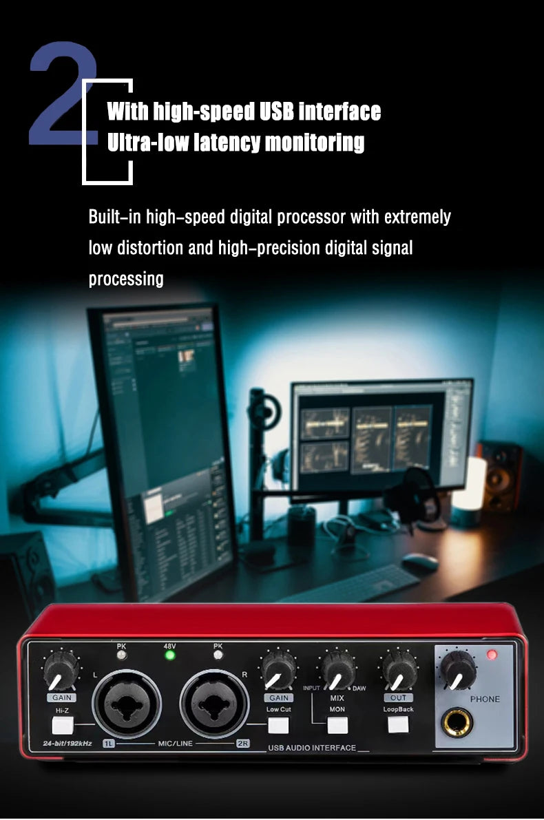 Sound Card Studio Record Professional USB Audio Interface Sound Equipment With Loopback Monitoring 48V Phantom for Recording