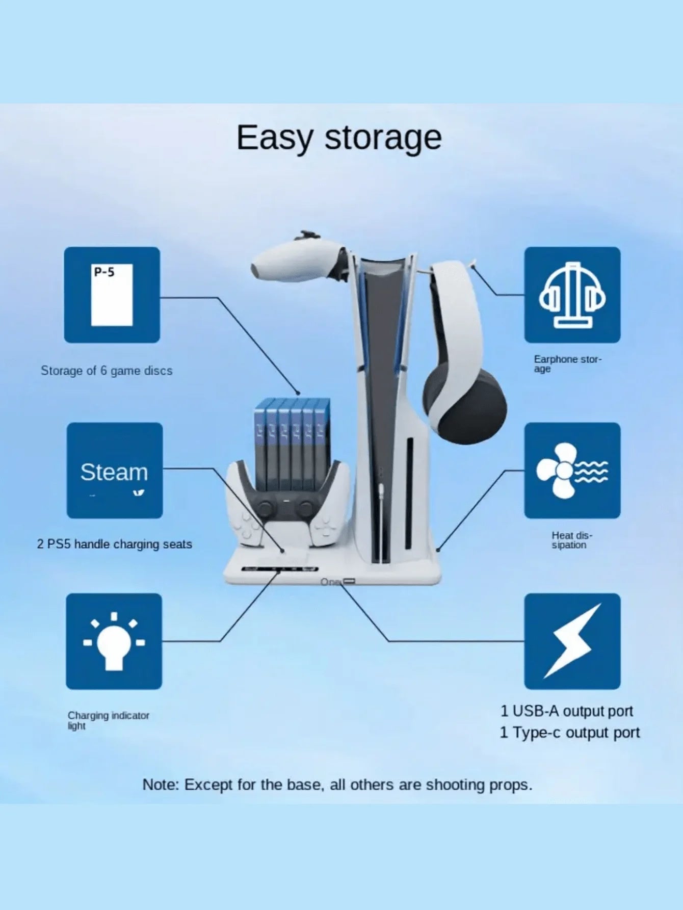 Multi-Function Cooling Base with Disc Storage RackSuitable for PS5Slim Game Console, PS5 Controller,Two-seat Charger with Headse