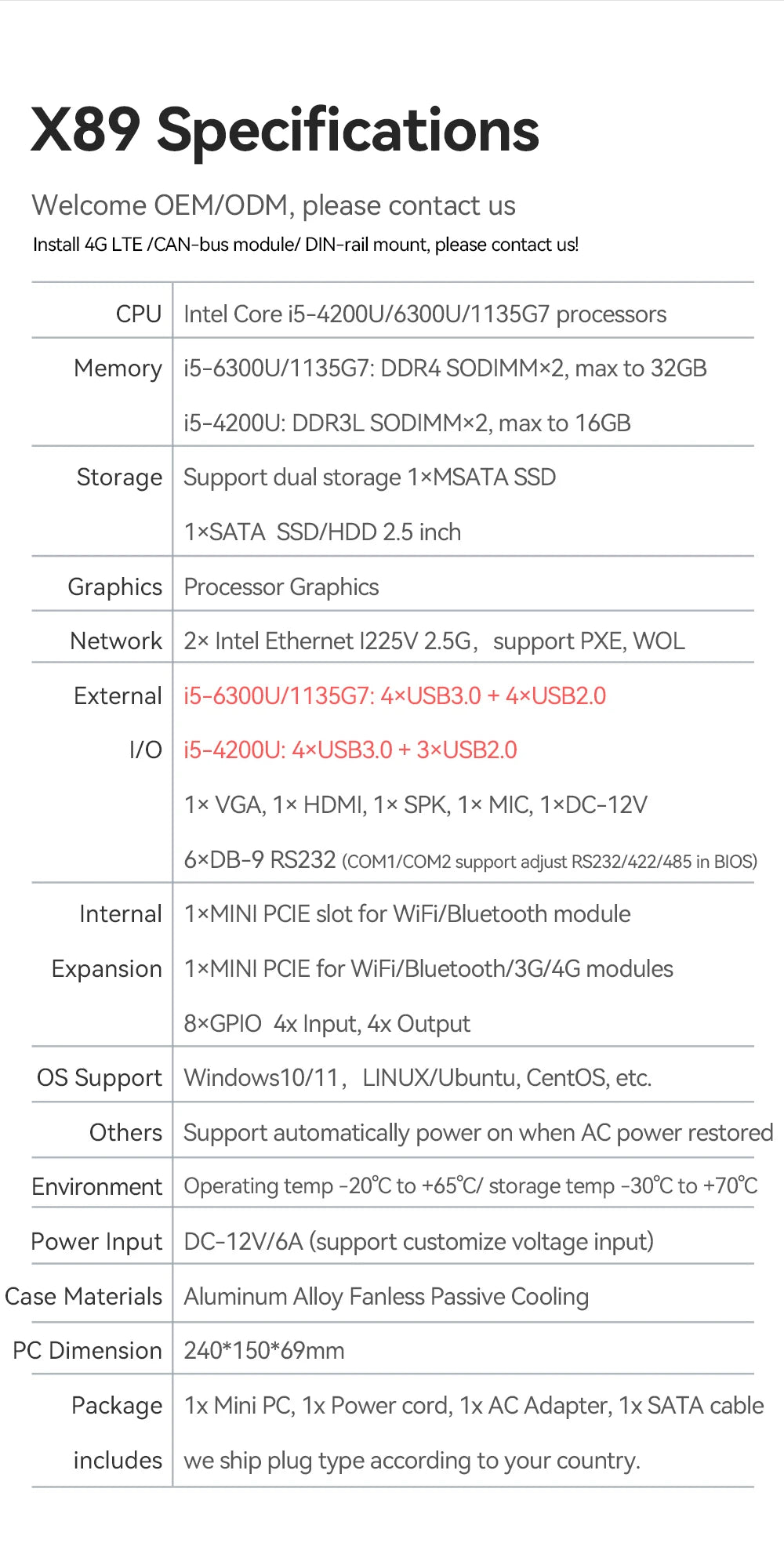 XCY Industrial Fanless Mini PC Intel i5-7200U 6x COM RS232 RS485 2x Mini PCIe Support WiFi 4G LTE CAN-Bus Windows Linux IPC