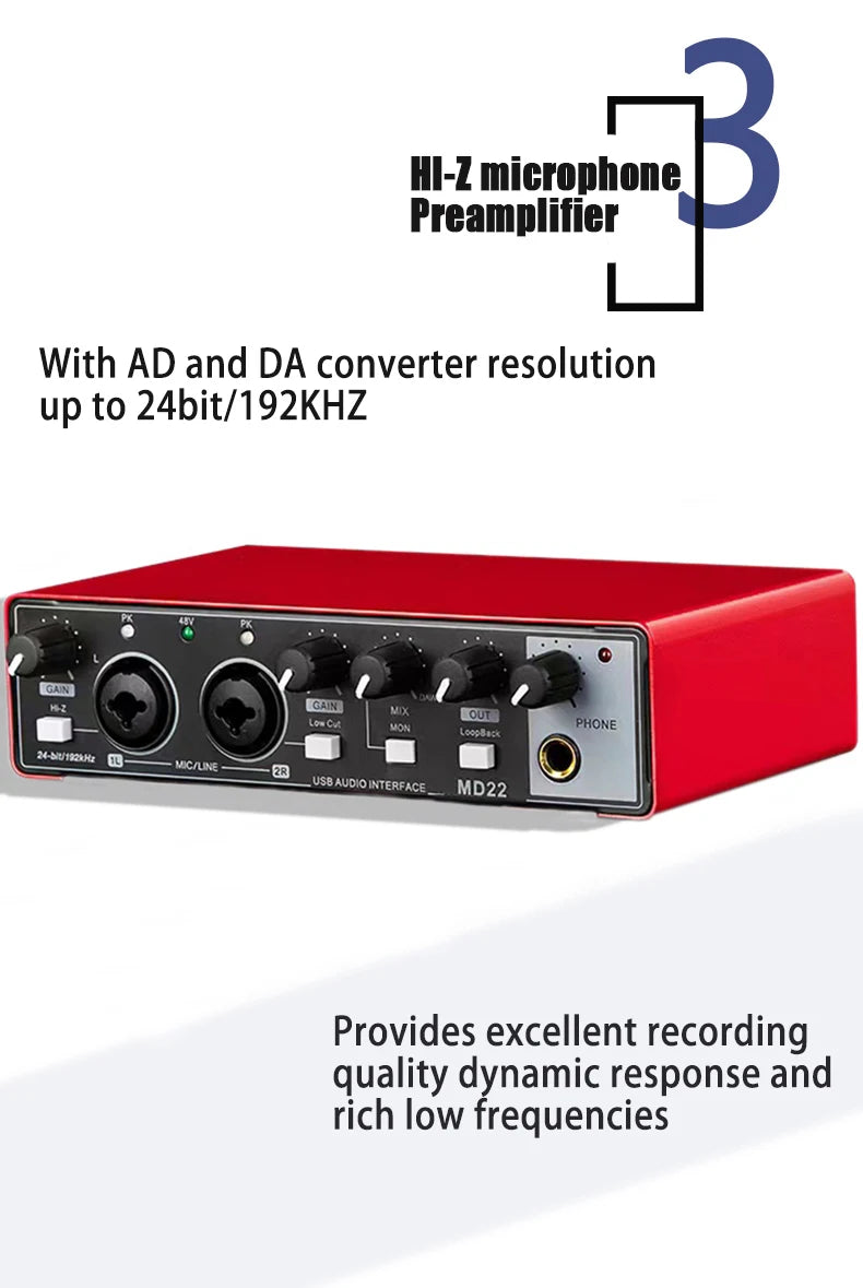 Sound Card Studio Record Professional USB Audio Interface Sound Equipment With Loopback Monitoring 48V Phantom for Recording