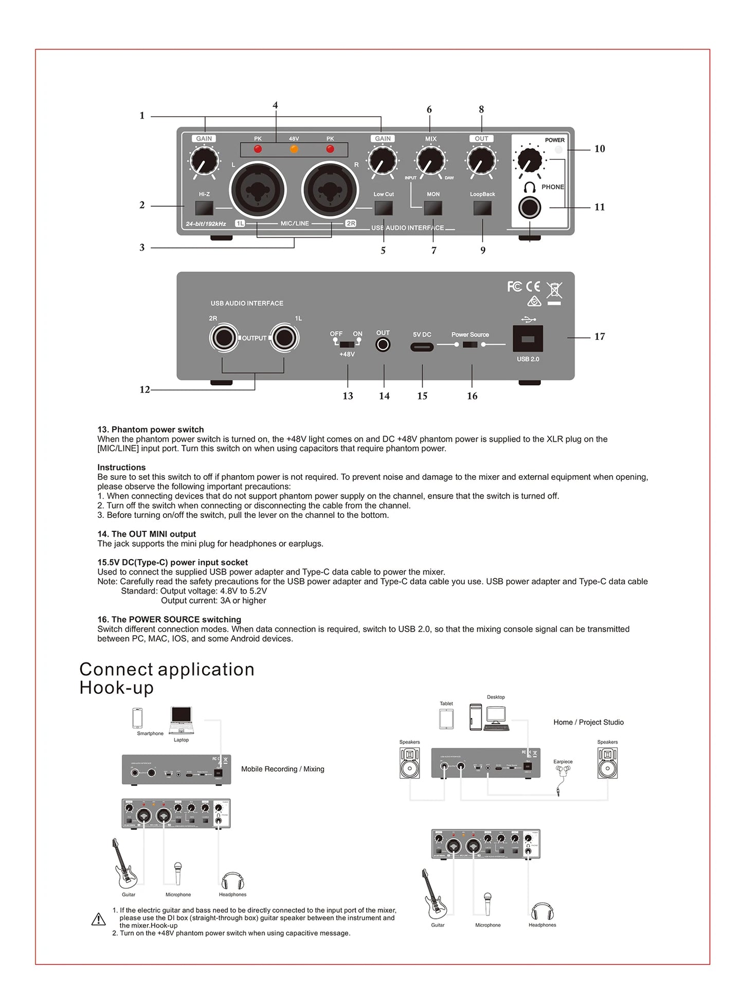 Sound Card Studio Record Professional USB Audio Interface Sound Equipment With Loopback Monitoring 48V Phantom for Recording