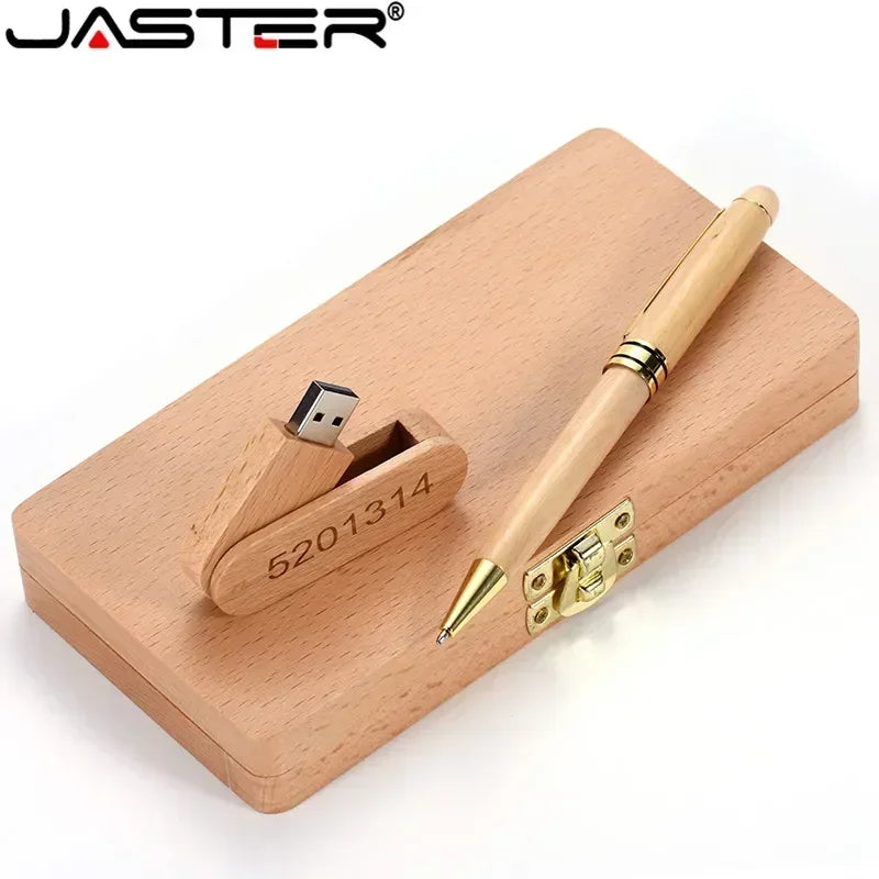 JASTER  USB Flash Drive  Beech Ballpoint Pen Case+ U stick 2.0 4GB 8GB 16GB 32GB 64GB Pendrive Exquisite Gift (Free Custom Logo)