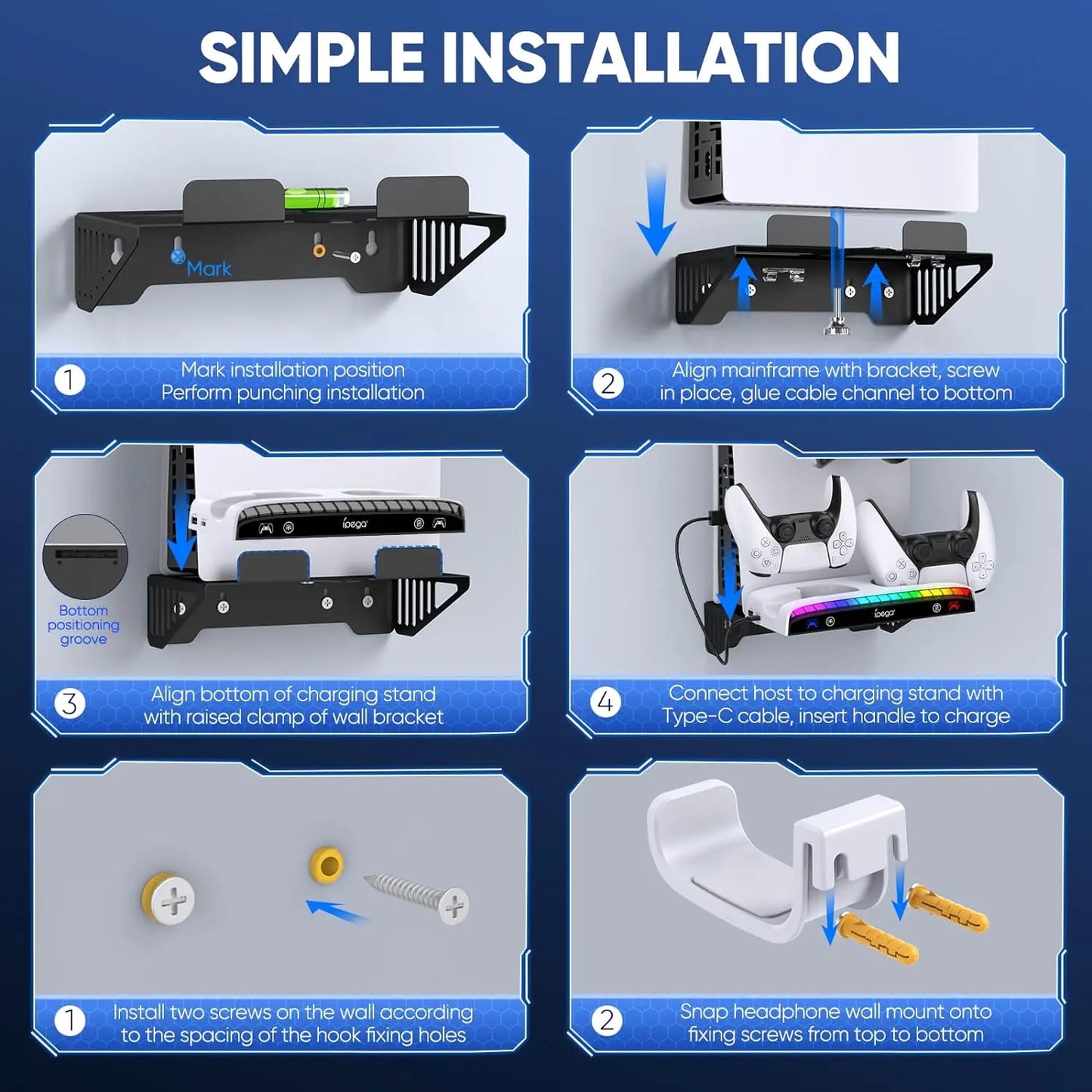 For PS5/PS5 Slim/PS5 Pro Wall Mount Kit Dual Charging Station Compatible With Playstation 5 Controller Headset Holder With Light