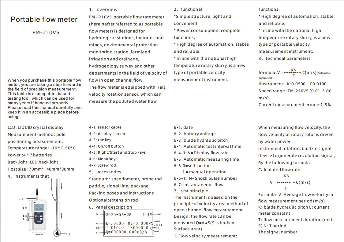 Portable flow meter FM-210V5 digital water flow meter 0.01-5.00 m/s open channel river reservoir field irrigation flowmeter