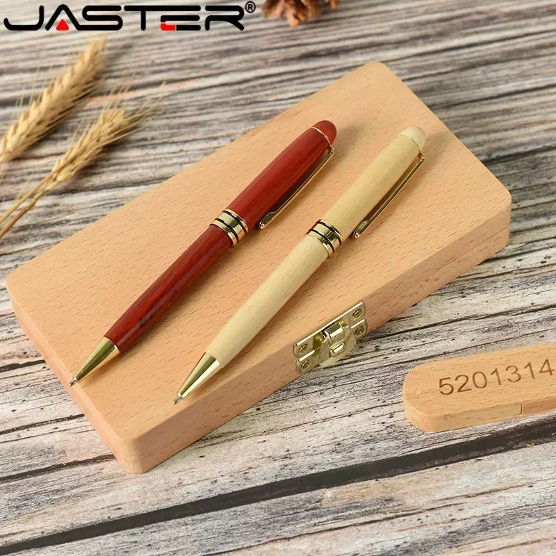 JASTER  USB Flash Drive  Beech Ballpoint Pen Case+ U stick 2.0 4GB 8GB 16GB 32GB 64GB Pendrive Exquisite Gift (Free Custom Logo)