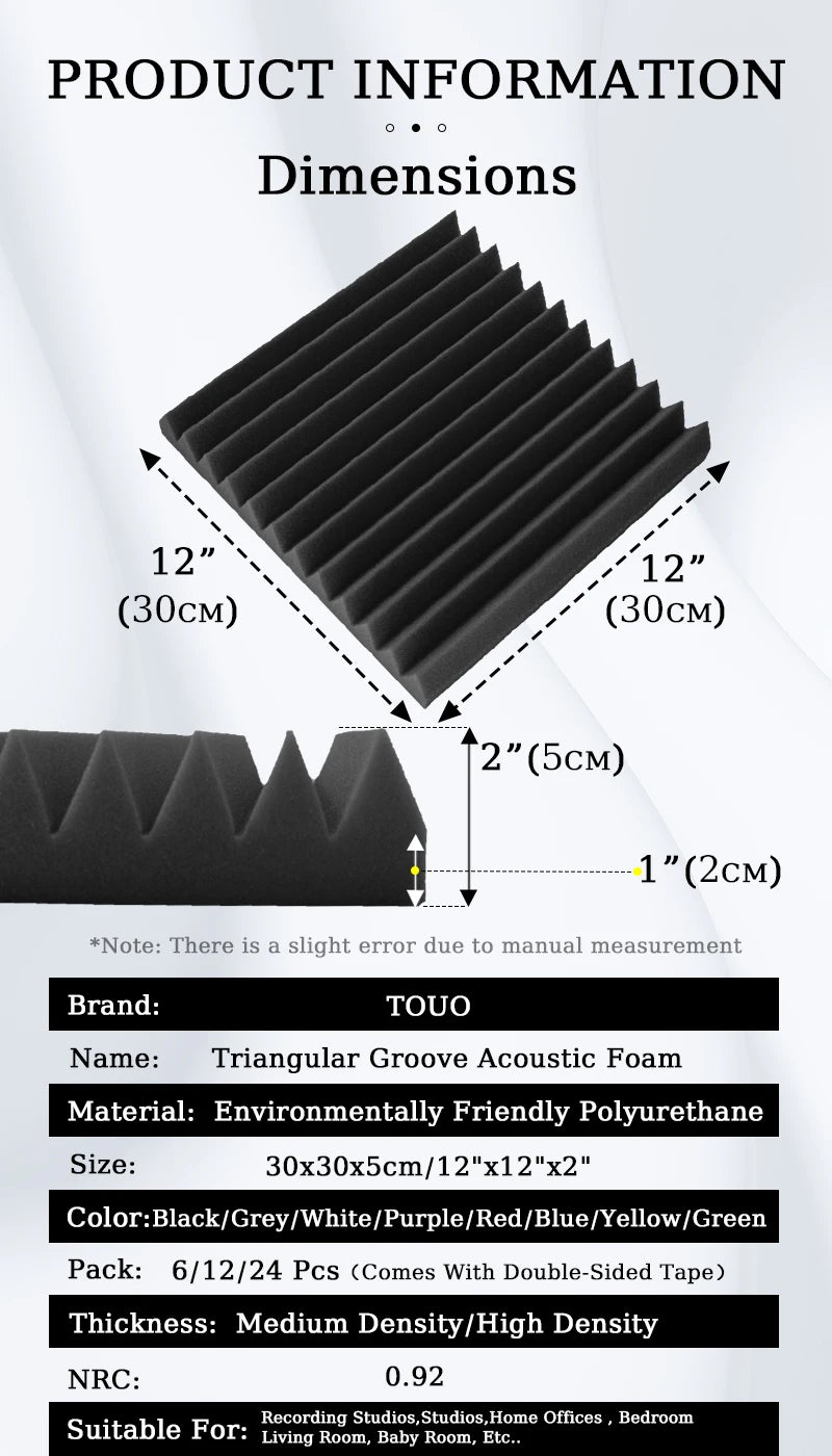 TOUO Acoustic Treatment Foam Wall Panels 6-24 Pcs Soundproofing Fireproof Sticker Sound Insulator For Studio Home