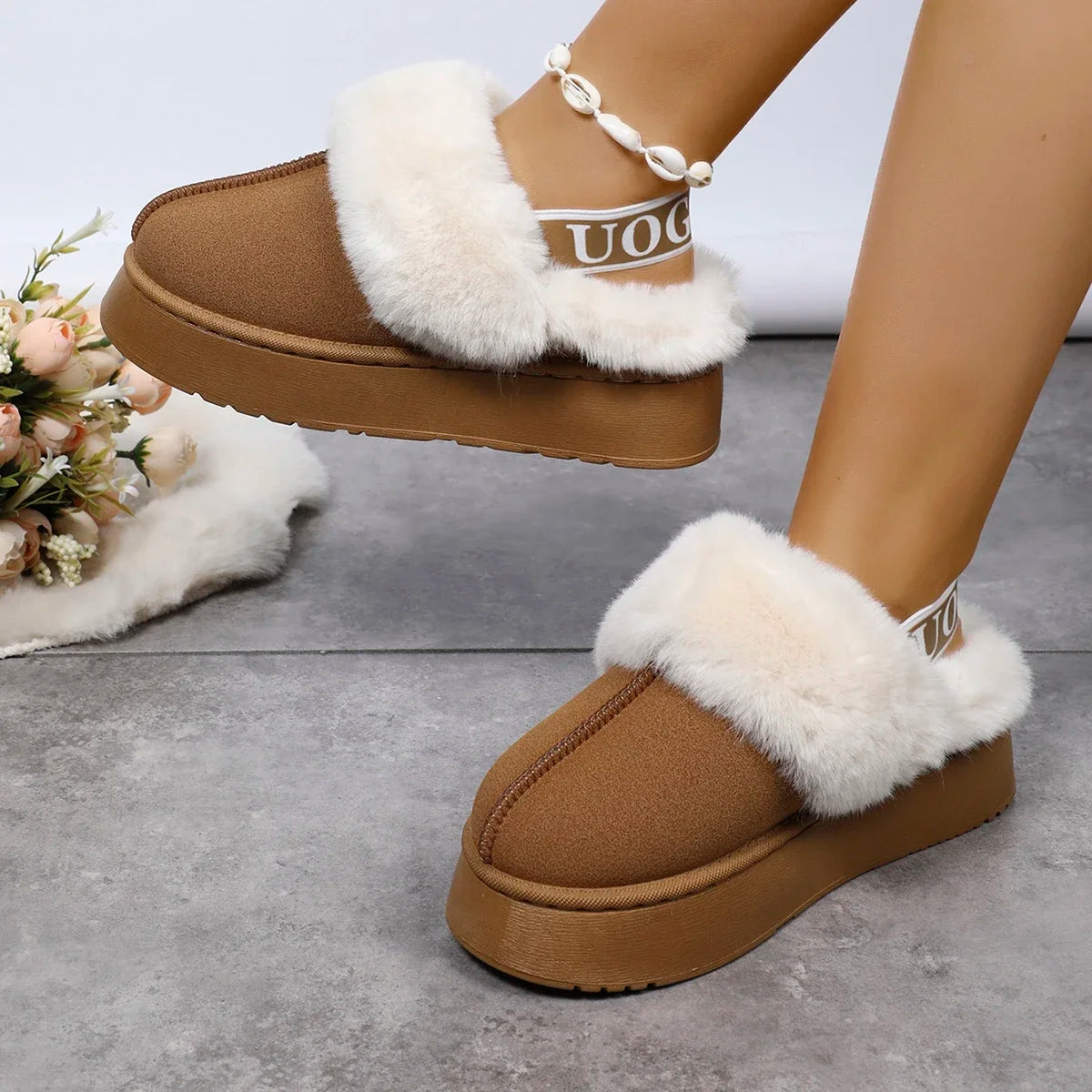 Women's Luxury Warm Cotton Slippers 2024 Autumn Winter Designer Round Toe Shallow Sandals Platform Shoes Slides Botas De Mujer