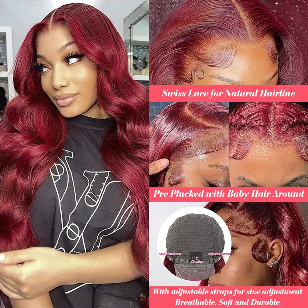 99J Burgundy Lace Front Wig Human Hair 13X4 Straight Red Colored Lace Frontal Human Hair Wigs for Women Lace Front Wig 13X6