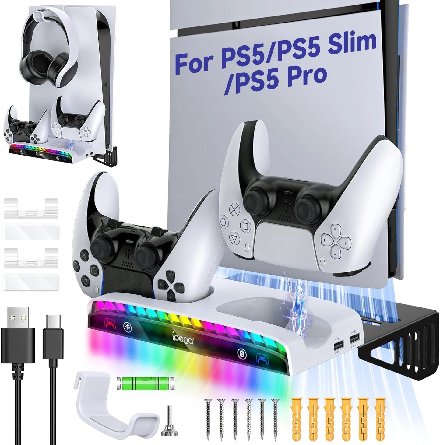 For PS5/PS5 Slim/PS5 Pro Wall Mount Kit Dual Charging Station Compatible With Playstation 5 Controller Headset Holder With Light