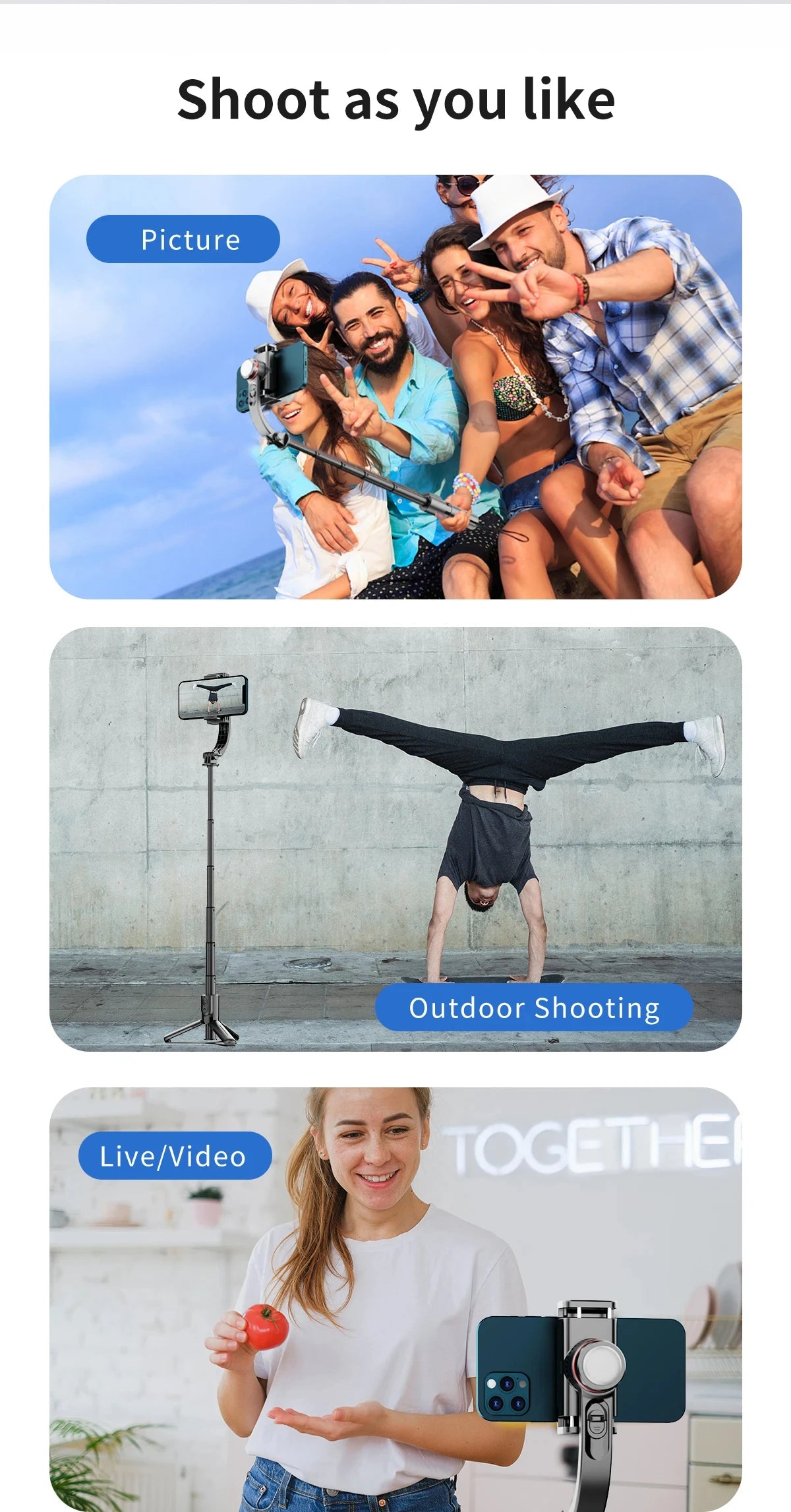 L18S 1360 Rotation Following shooting Mode Gimbal Stabilizer Selfie Stick Tripod gimbal For iPhone Smartphone live photography