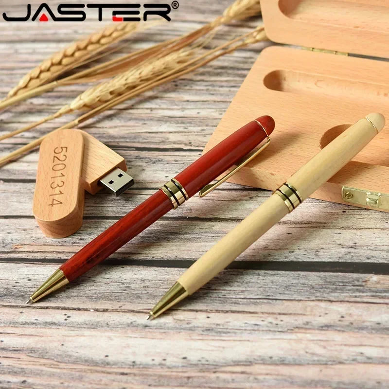 JASTER  USB Flash Drive  Beech Ballpoint Pen Case+ U stick 2.0 4GB 8GB 16GB 32GB 64GB Pendrive Exquisite Gift (Free Custom Logo)