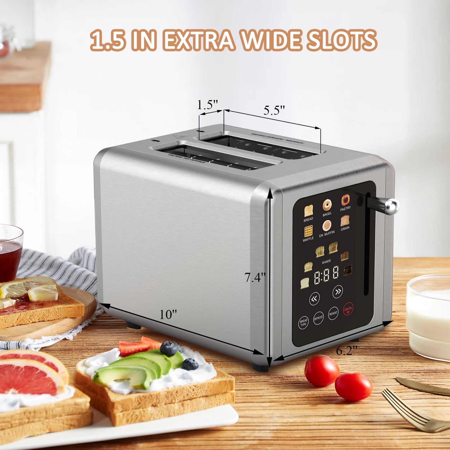 GOOVI EU Stainless Steel Two Slice Toaster Touch Screen Home Automatic Bread Toaster For Breakfast Machine 6 Browning Levels