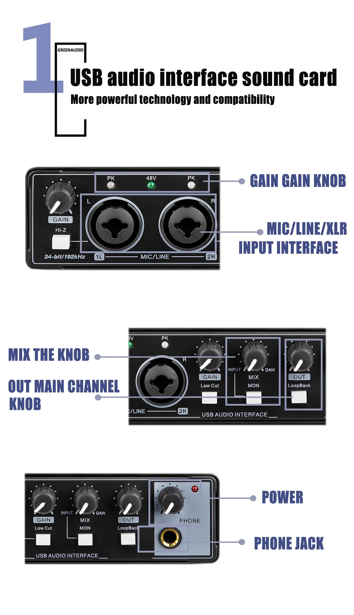 Sound Card Studio Record Professional USB Audio Interface Sound Equipment With Loopback Monitoring 48V Phantom for Recording