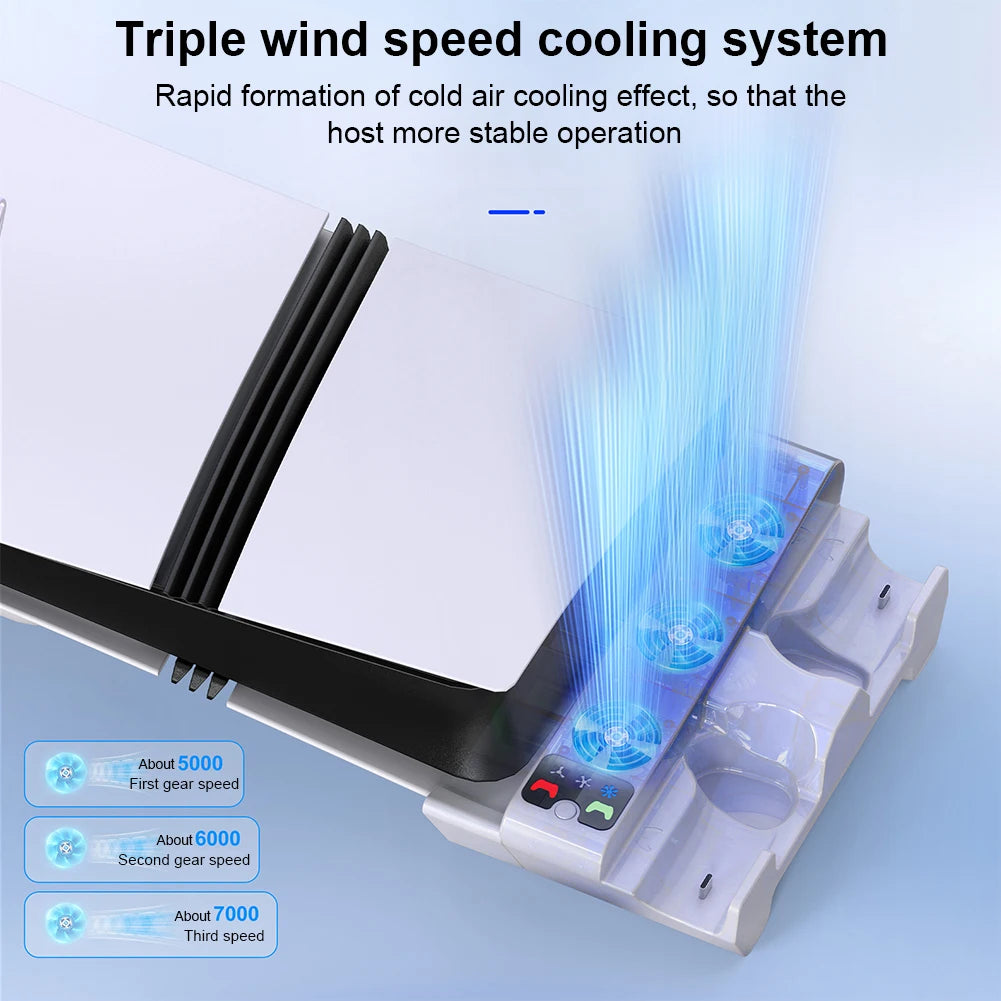 Horizontal Charger Station Cooling Stand for PlayStation 5 Slim/PS5 Pro Games Consoles Cooling Stand with 3-Level Cooling Fan